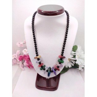 Rainbow Fire Agate & Onyx Necklace - 17.5 inches long